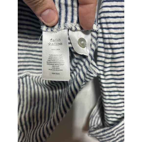 C&C California 100% Linen Shirt XL Blue White Striped Hooded Roll Tab Sleeves - Picture 6 of 10